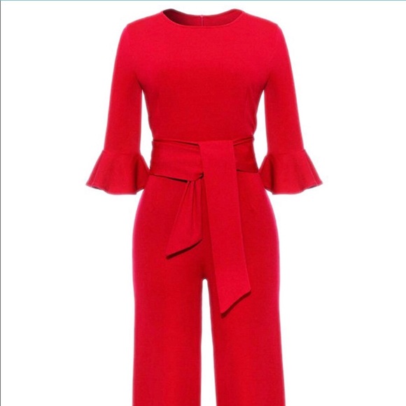 Gently used red jumpsuit with belt - Picture 2 of 3